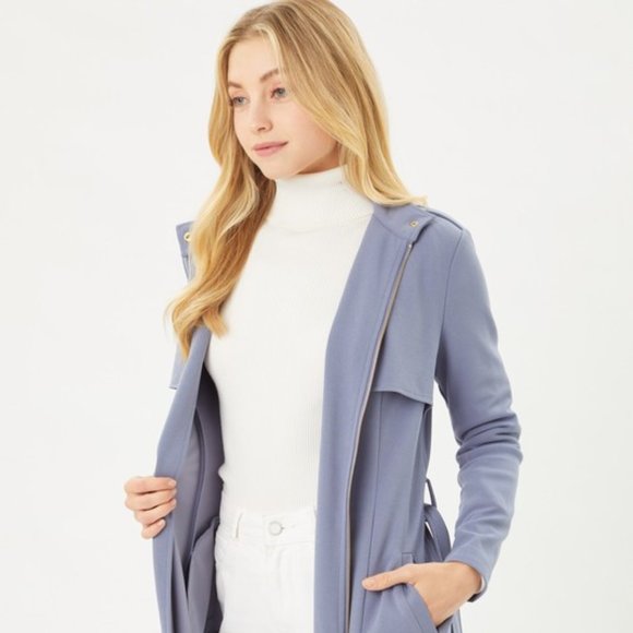 Zip Up Long Line Trench Coat Jacket, with Waist Belt, Blue - Picture 4 of 12